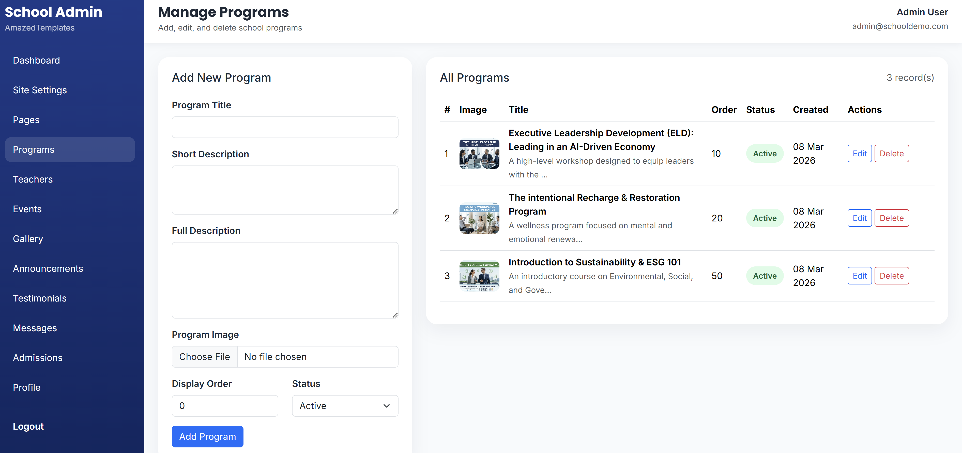 Programs Page Preview